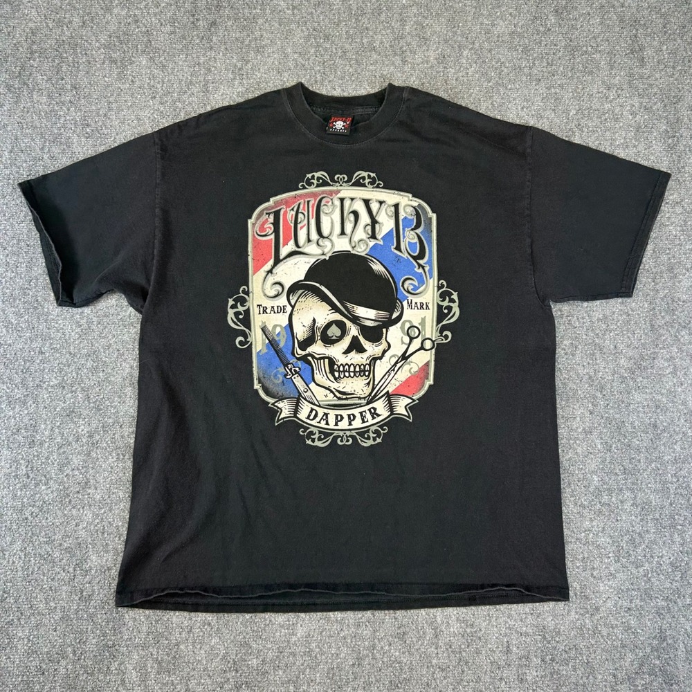 Lucky 13 Apparel Dapper Skull Bowler Hat Barber Graphic T-Shirt Black Mens XL